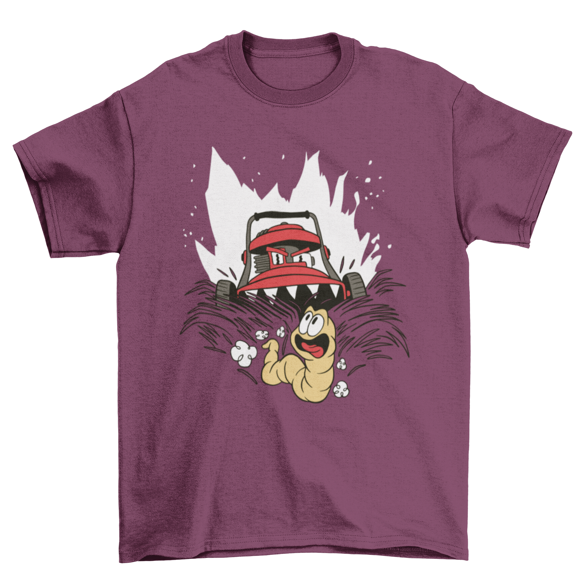 A humorous t-shirt design featuring a lawn mower monster chasing a worm, showcasing vibrant colors and playful artwork.