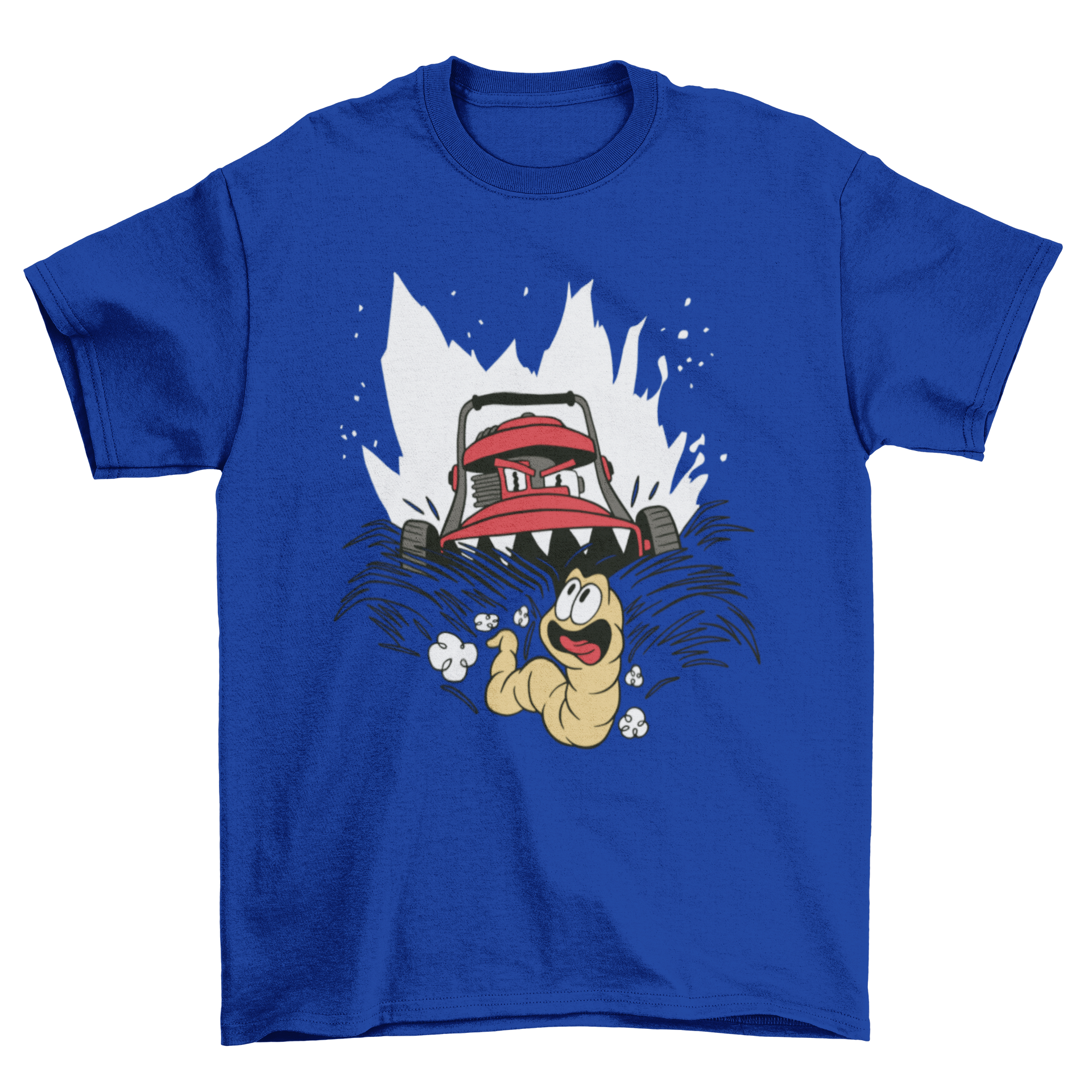 A humorous t-shirt design featuring a lawn mower monster chasing a worm, showcasing vibrant colors and playful artwork.