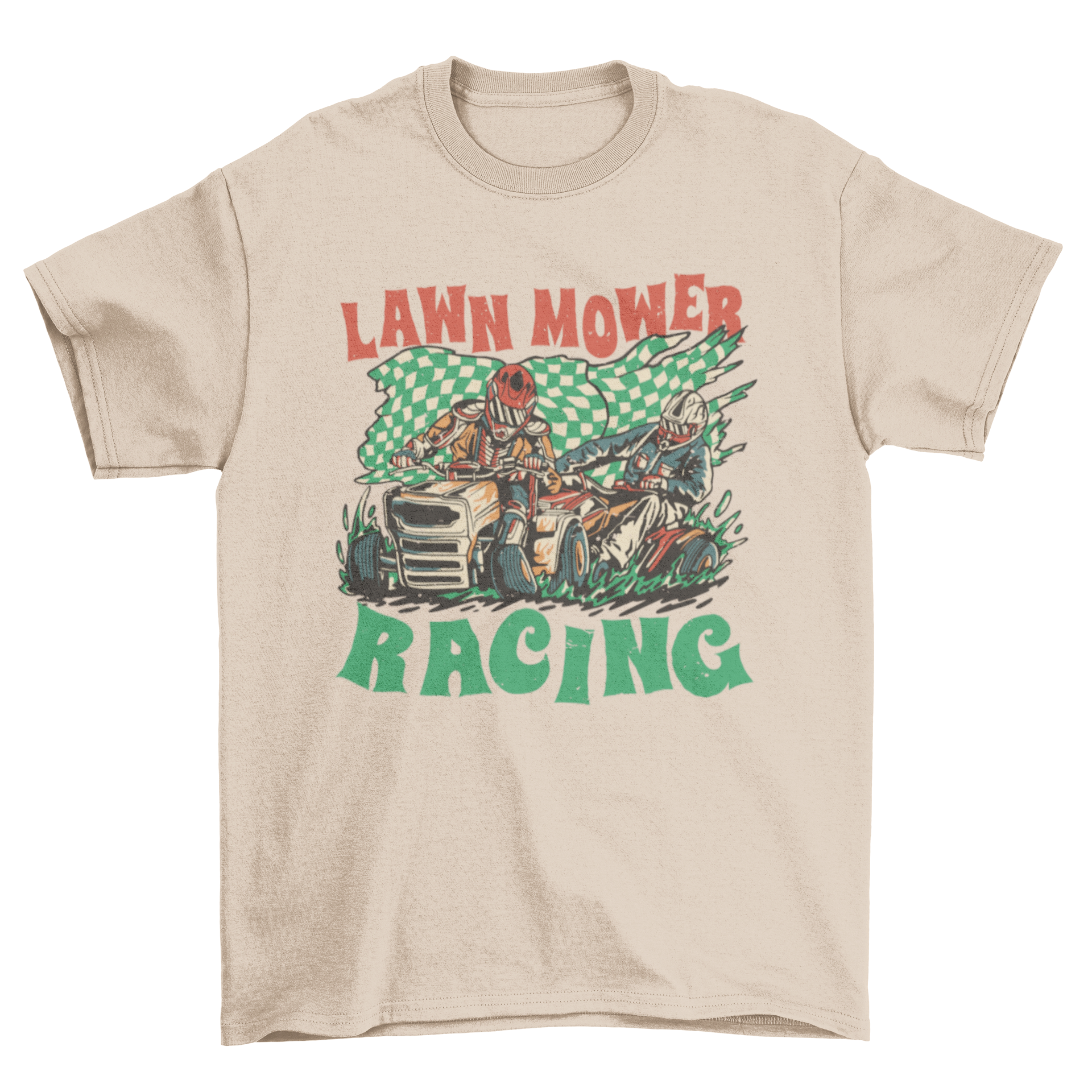 A vibrant t-shirt design featuring two men racing on lawn mowers with the quote 'Lawn mower racing'.