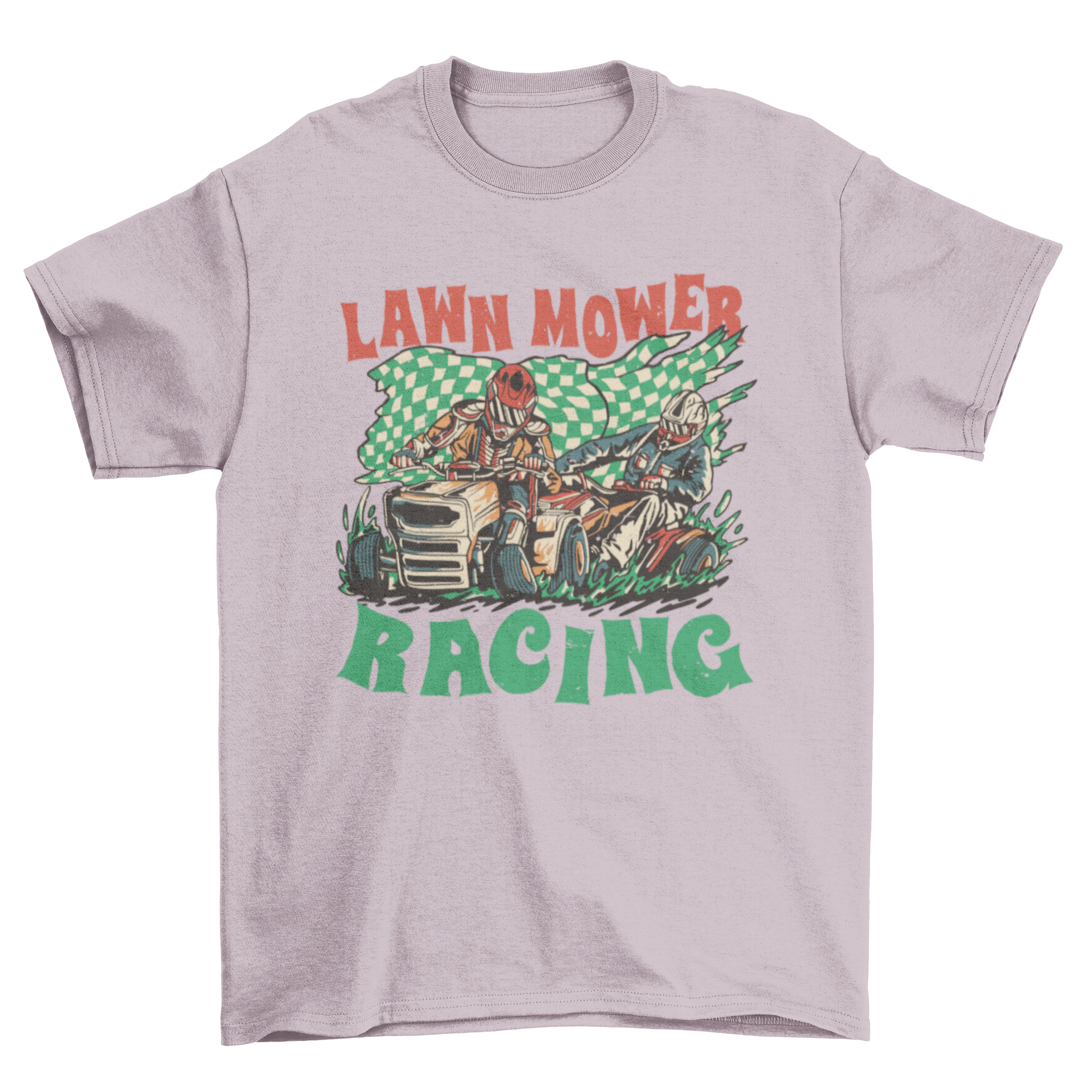 A vibrant t-shirt design featuring two men racing on lawn mowers with the quote 'Lawn mower racing'.