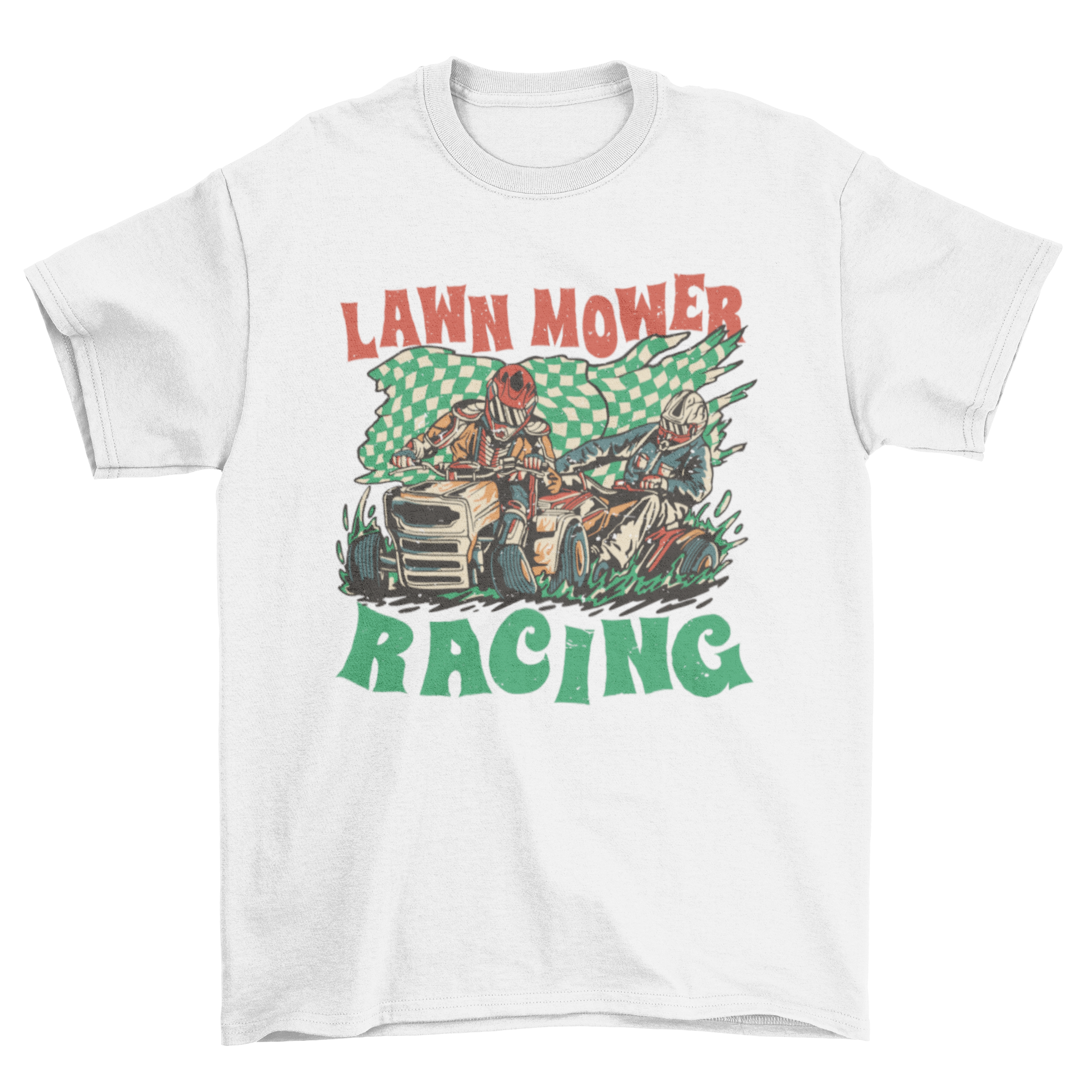 A vibrant t-shirt design featuring two men racing on lawn mowers with the quote 'Lawn mower racing'.