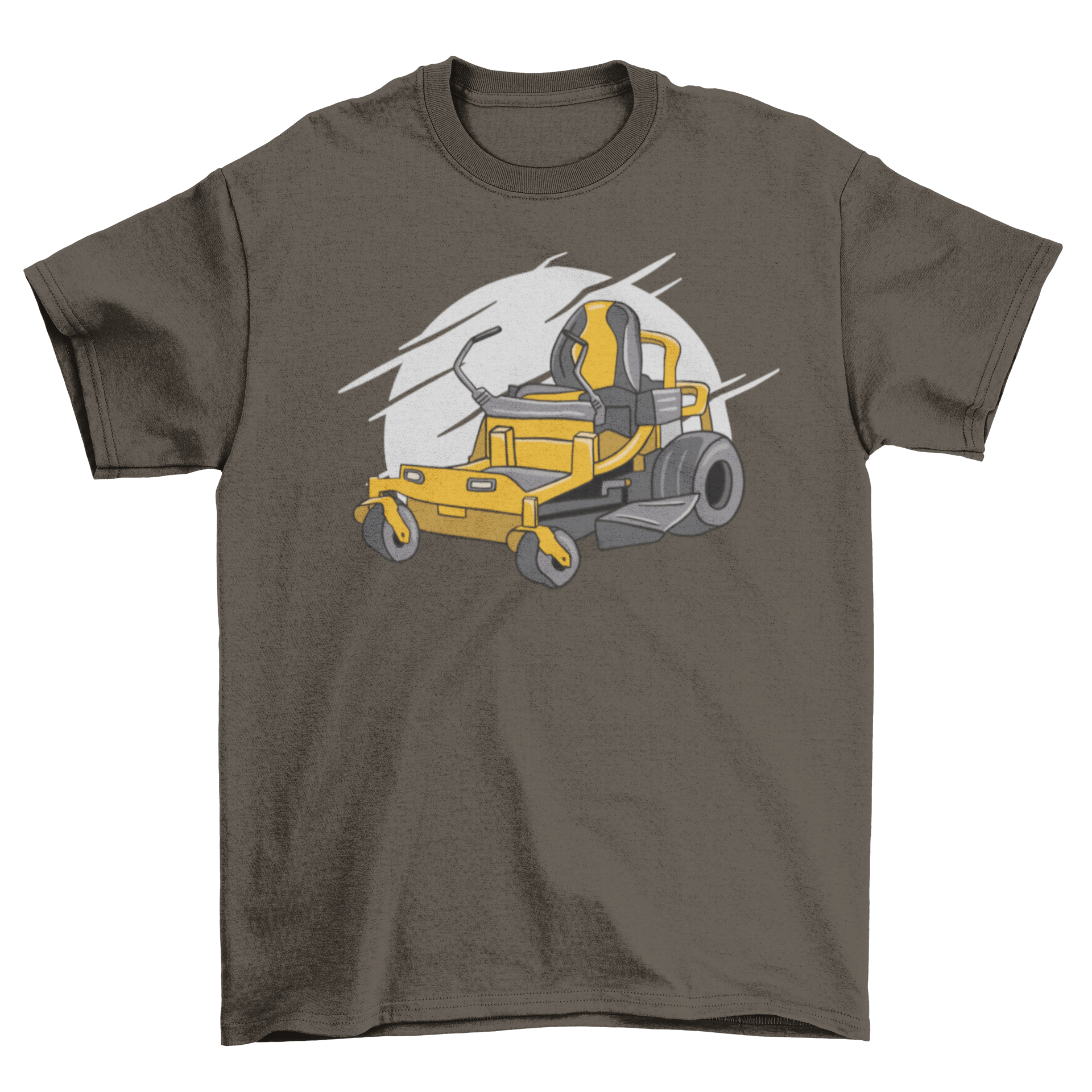 A vibrant yellow t-shirt featuring a graphic of a lawn mower, perfect for gardening enthusiasts.