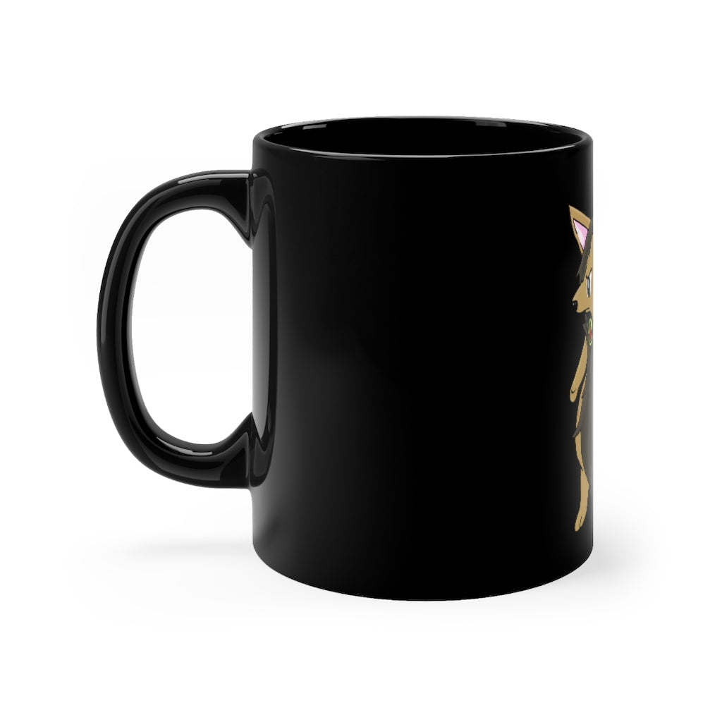 A sleek 11oz black ceramic mug with rounded corners and a C-handle, showcasing its elegant design and full-wrap decoration style.