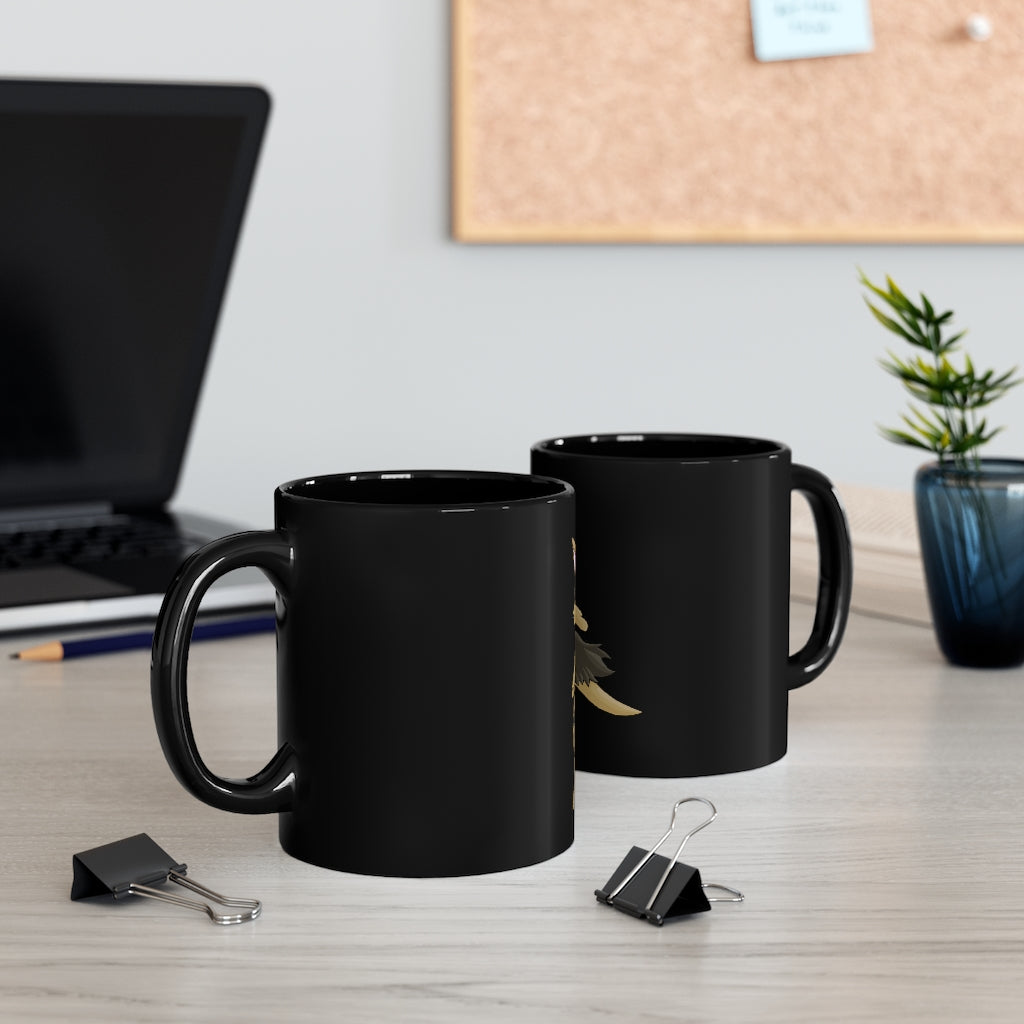 A sleek 11oz black ceramic mug with rounded corners and a C-handle, showcasing its elegant design and full-wrap decoration style.