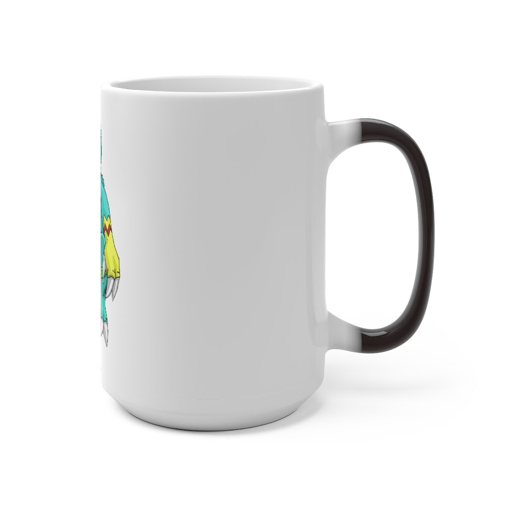 Laygoo Color Changing Mug showcasing its vibrant color transformation when filled with hot liquid, featuring a white ceramic body and C-handle.