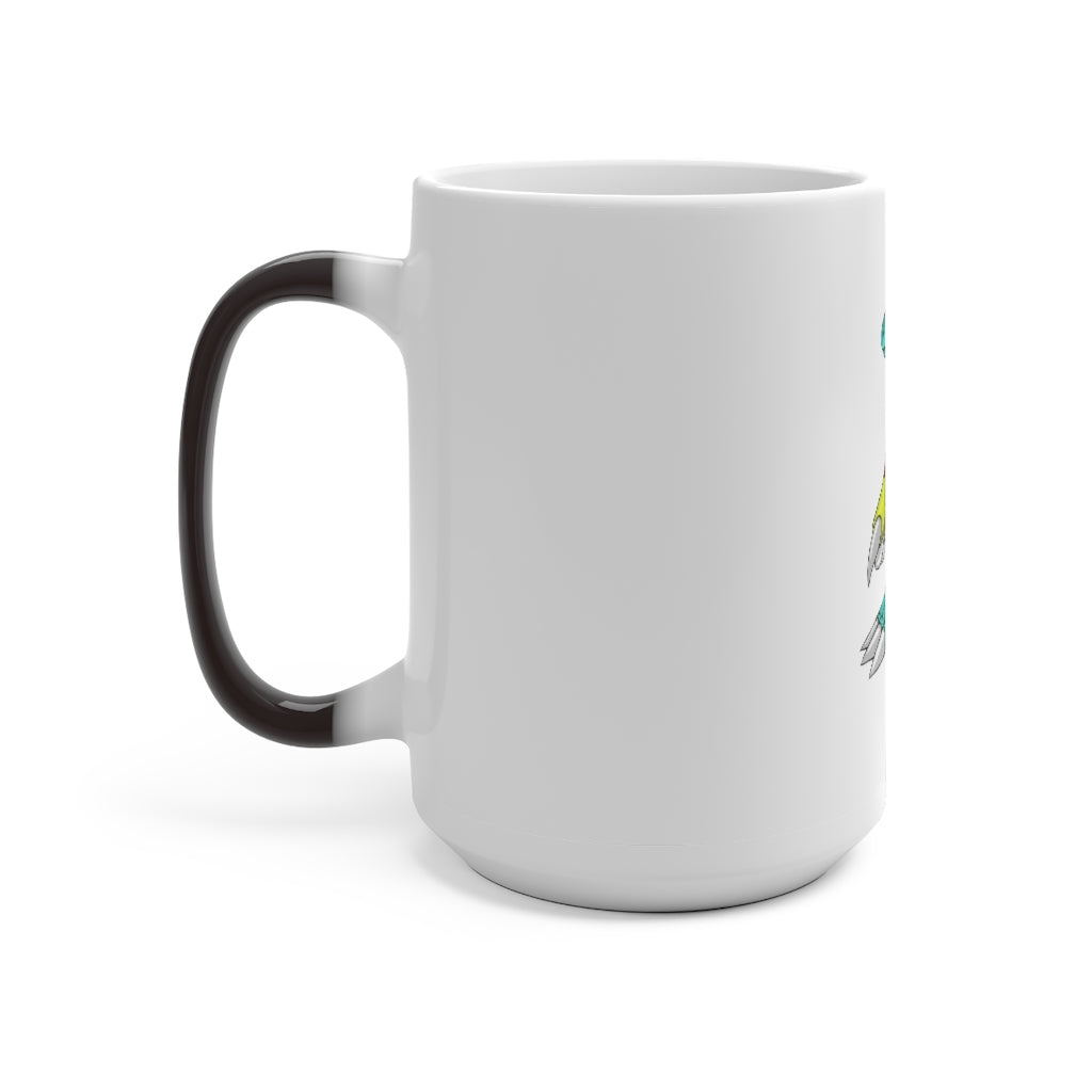 Laygoo Color Changing Mug showcasing its vibrant color transformation when filled with hot liquid, featuring a white ceramic body and C-handle.