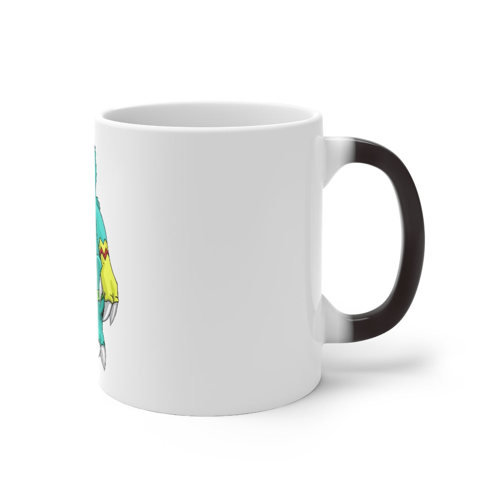 Laygoo Color Changing Mug showcasing its vibrant color transformation when filled with hot liquid, featuring a white ceramic body and C-handle.