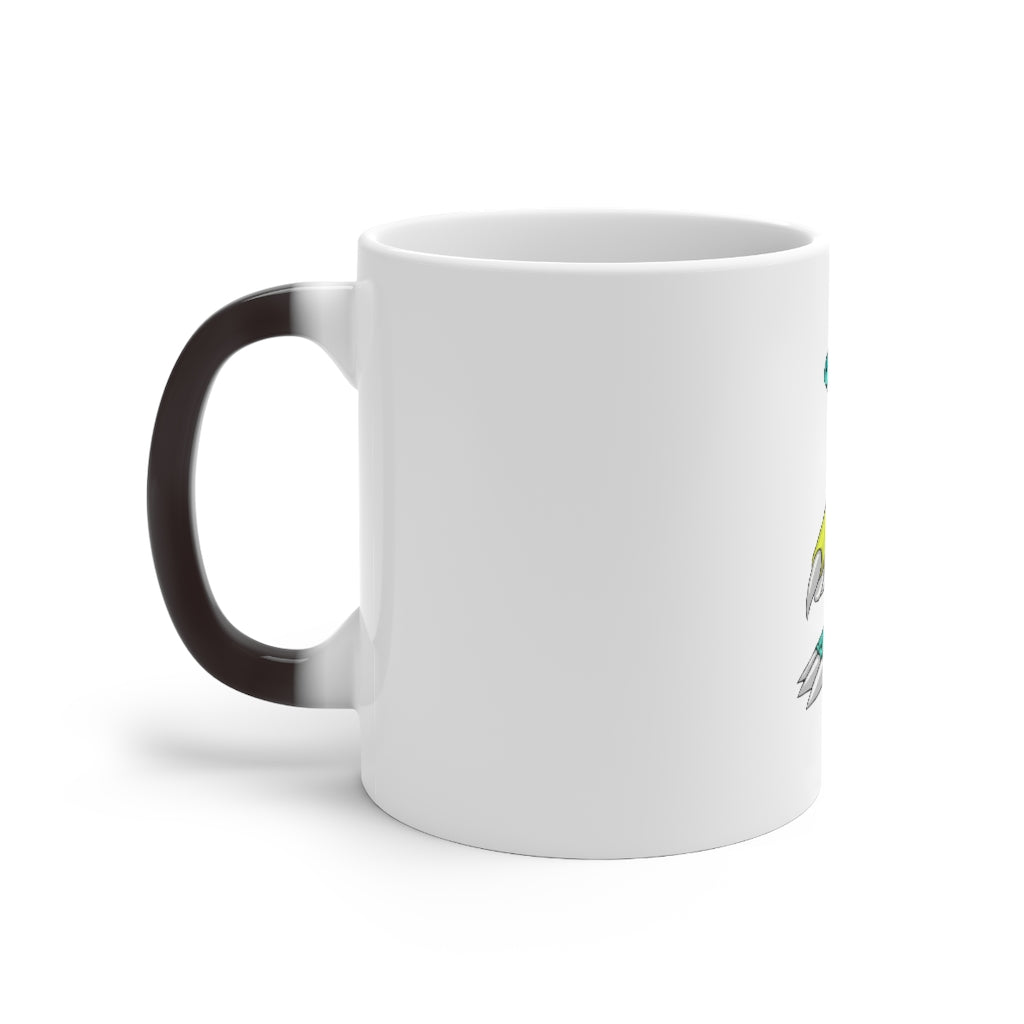 Laygoo Color Changing Mug showcasing its vibrant color transformation when filled with hot liquid, featuring a white ceramic body and C-handle.