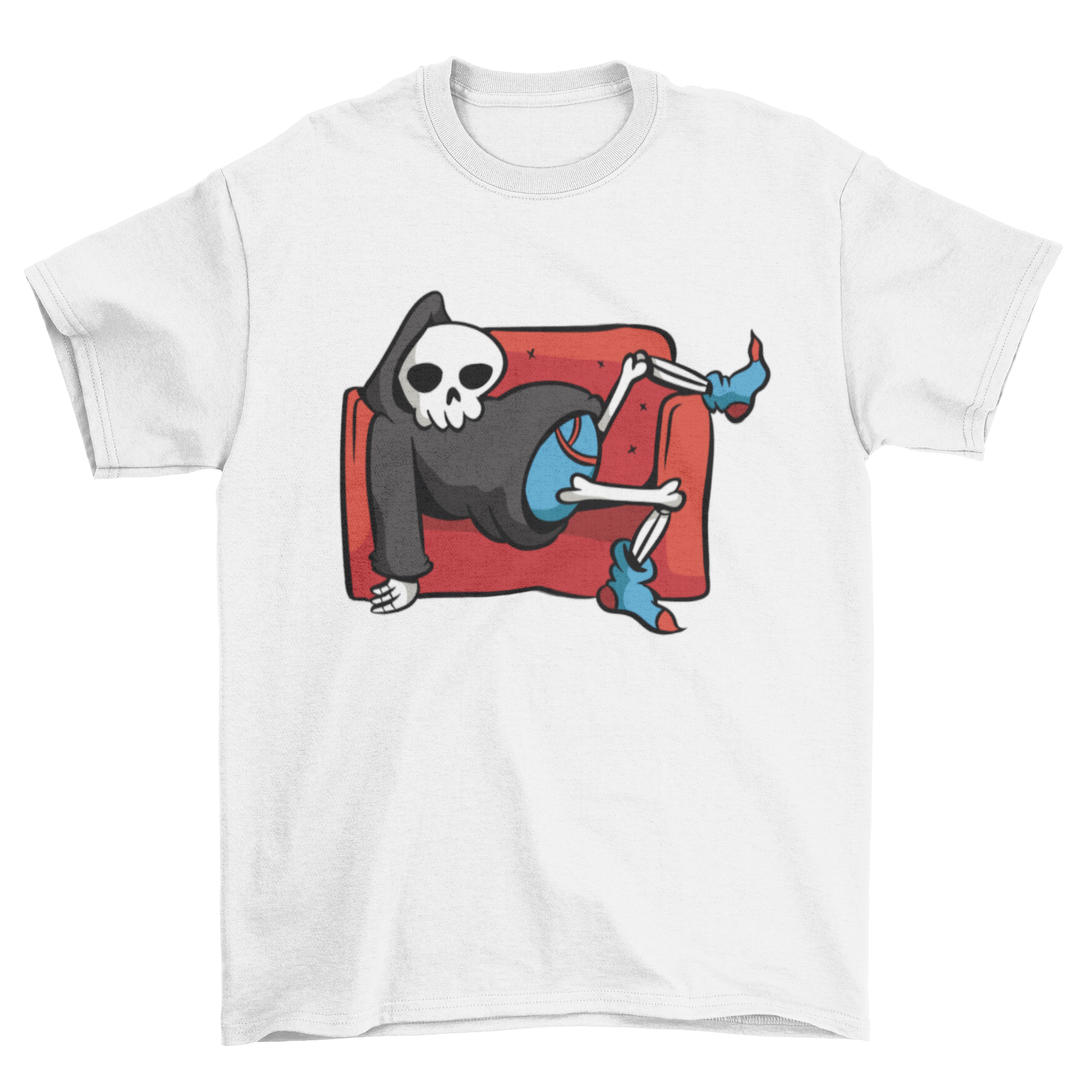 A playful t-shirt featuring a lazy grim reaper lounging on a couch, perfect for casual wear.