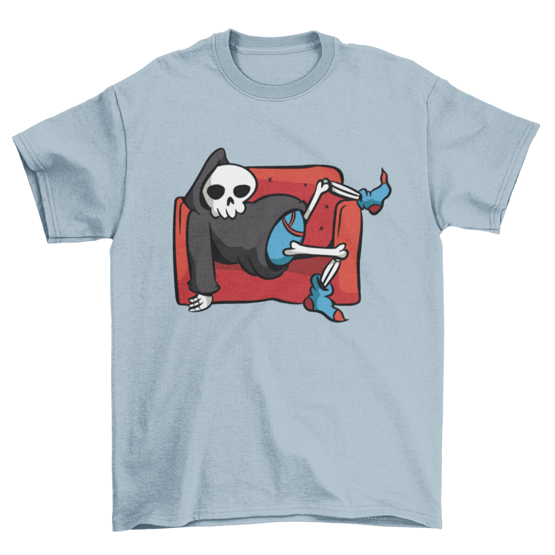 A playful t-shirt featuring a lazy grim reaper lounging on a couch, perfect for casual wear.