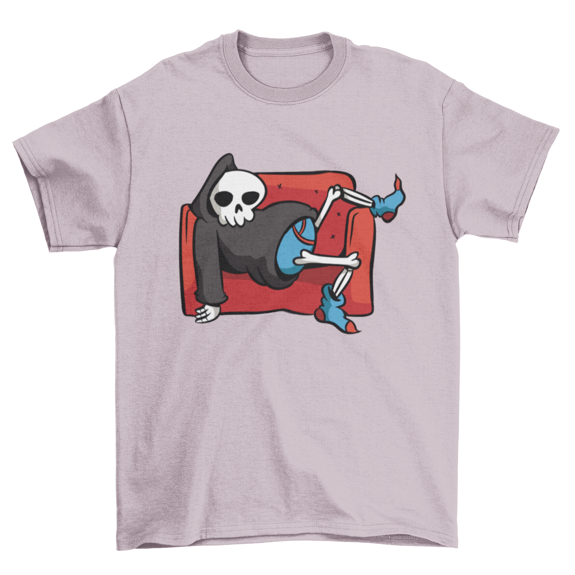 A playful t-shirt featuring a lazy grim reaper lounging on a couch, perfect for casual wear.