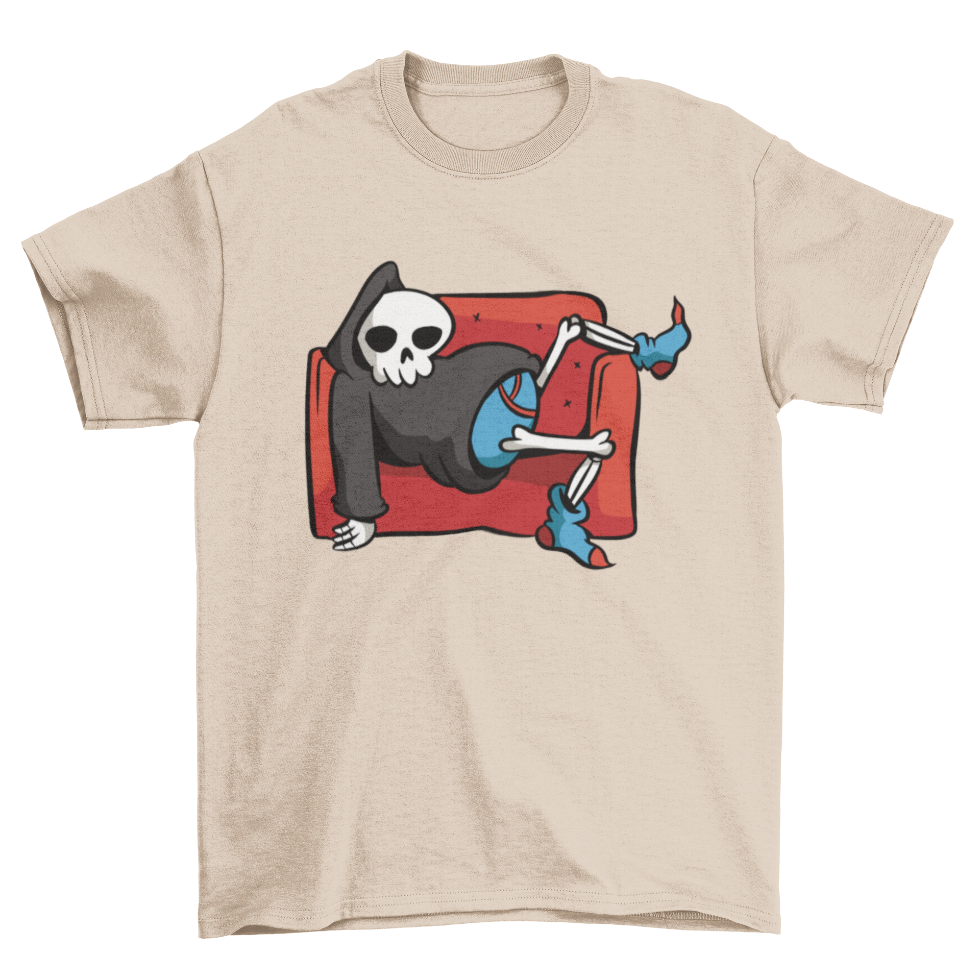 A playful t-shirt featuring a lazy grim reaper lounging on a couch, perfect for casual wear.