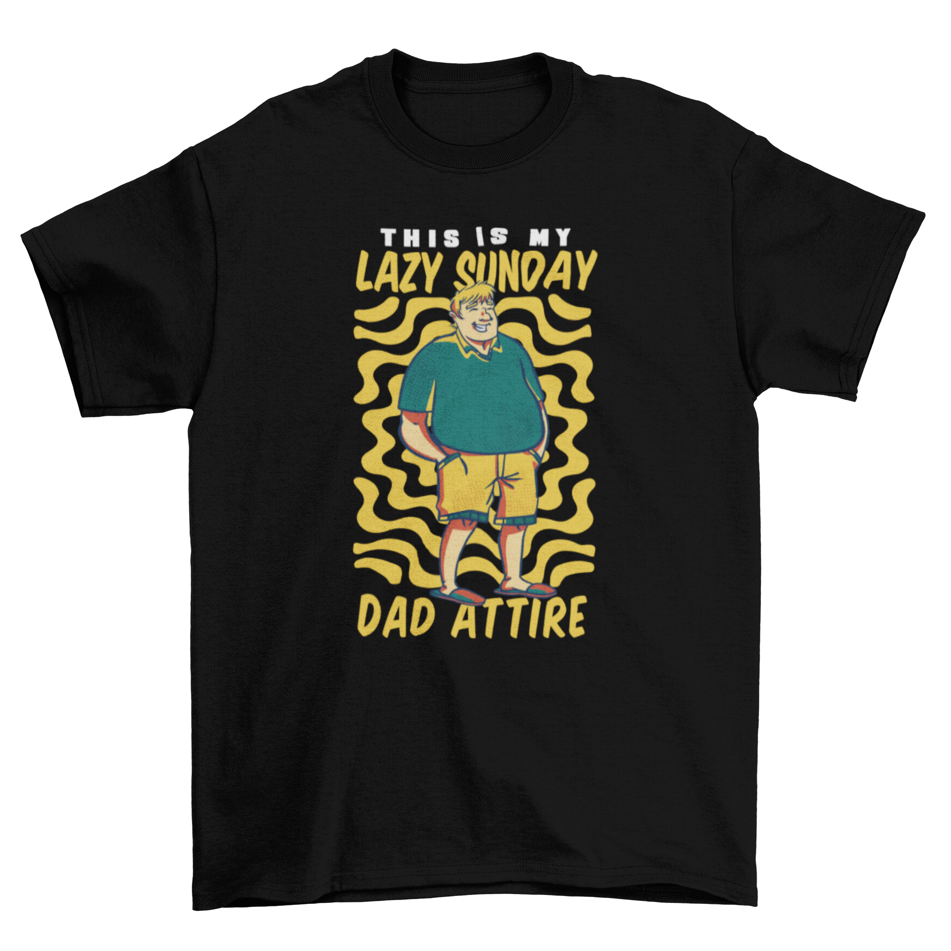 Lazy Sunday dad t-shirt featuring a cartoon man in flip flops with a humorous quote.