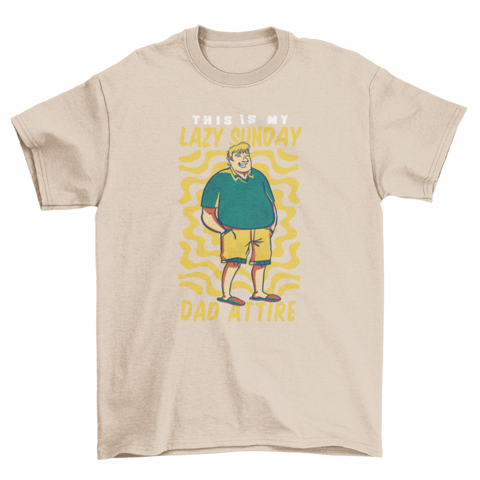 Lazy Sunday dad t-shirt featuring a cartoon man in flip flops with a humorous quote.