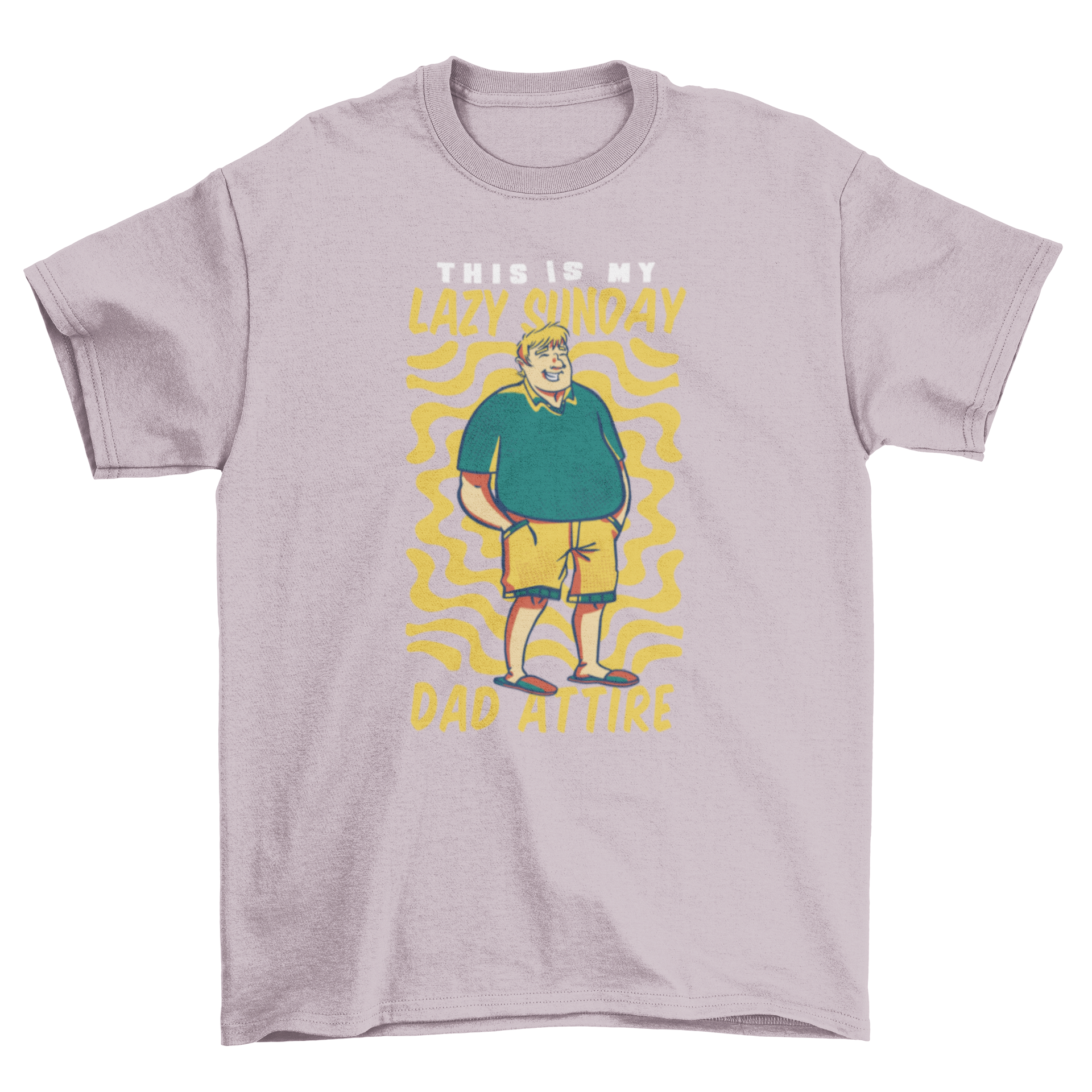 Lazy Sunday dad t-shirt featuring a cartoon man in flip flops with a humorous quote.