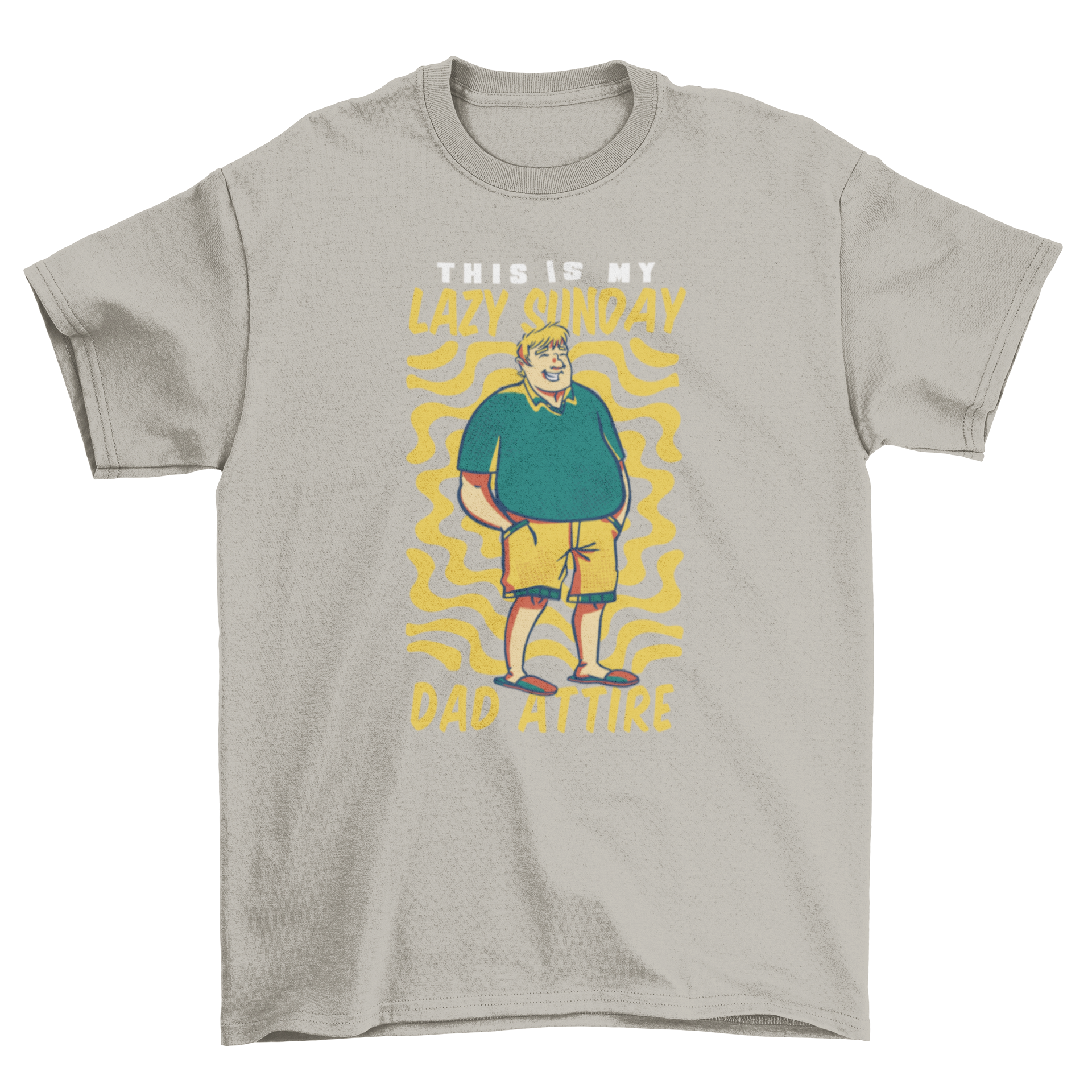 Lazy Sunday dad t-shirt featuring a cartoon man in flip flops with a humorous quote.