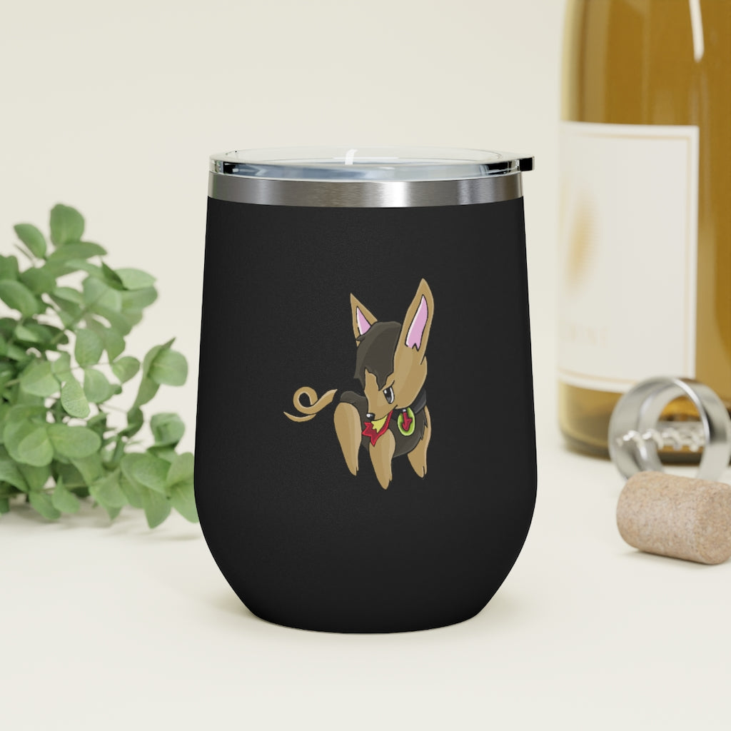 LB 12oz Insulated Wine Tumbler in stainless steel with a clear plastic lid, showcasing a stylish design for hot and cold beverages.