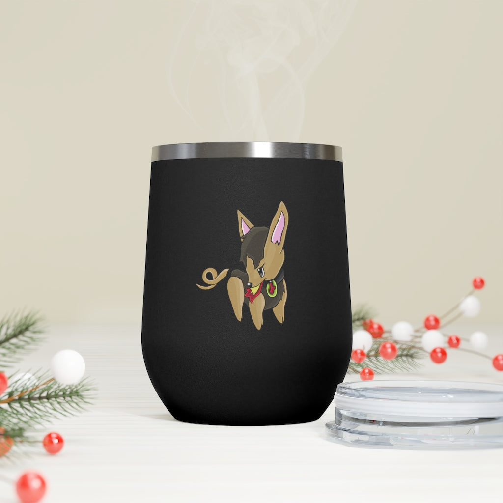 LB 12oz Insulated Wine Tumbler in stainless steel with a clear plastic lid, showcasing a stylish design for hot and cold beverages.