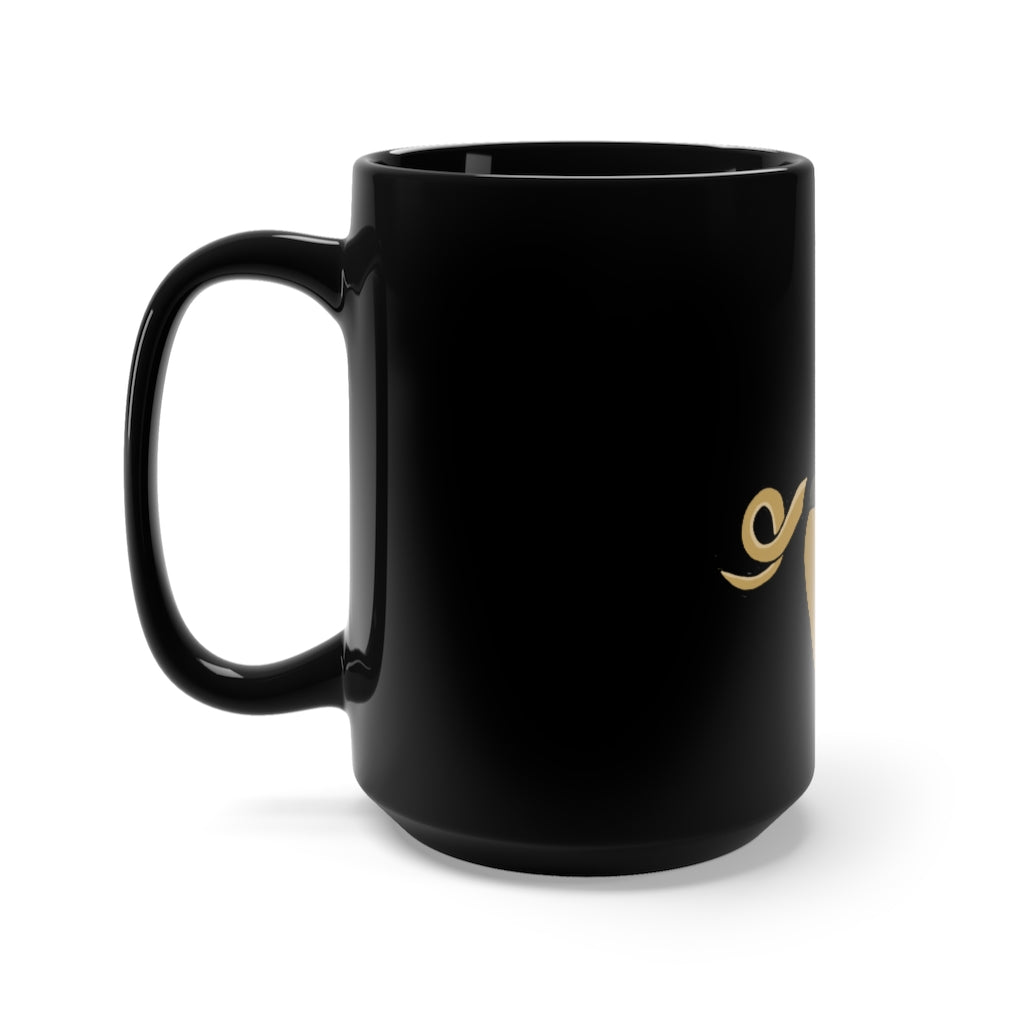 LB Black Mug 15oz, a stylish black ceramic mug with a C-handle, perfect for coffee and tea lovers.