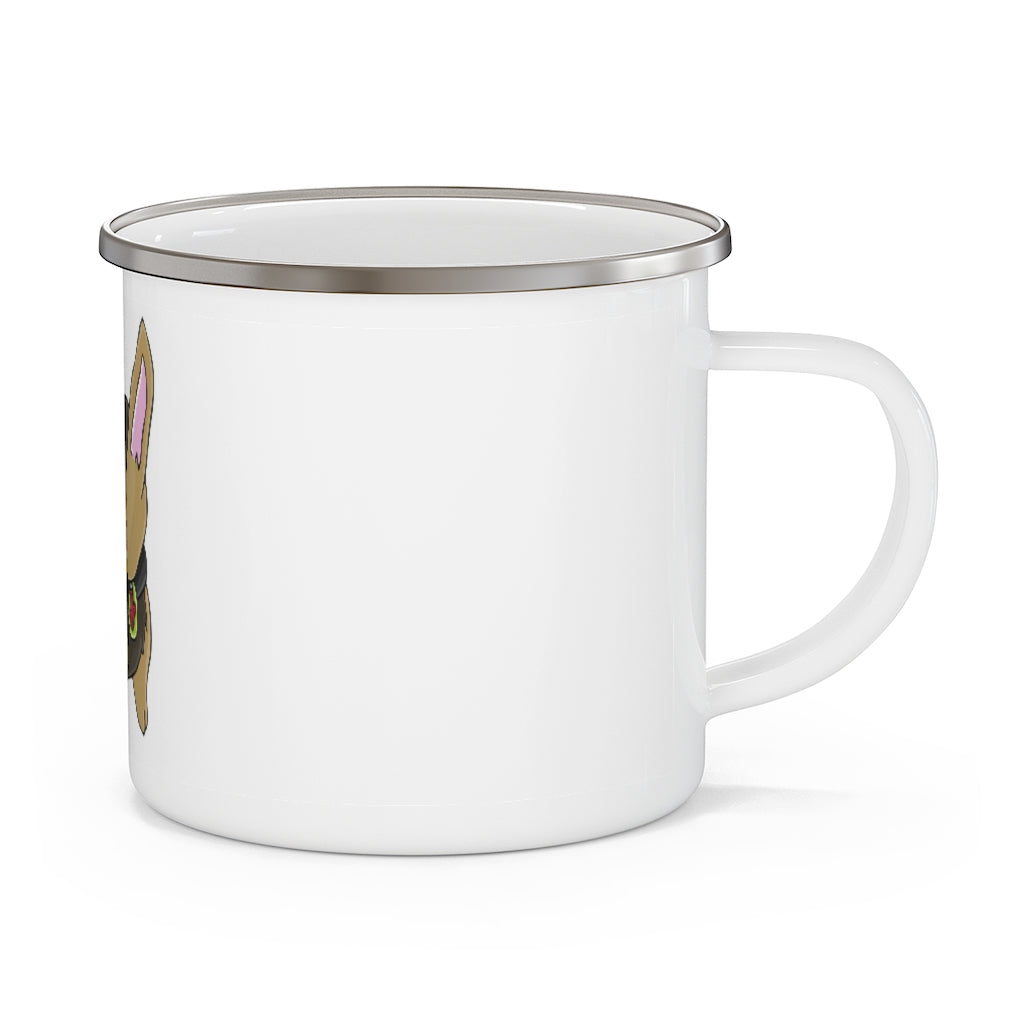 LB Enamel Camping Mug with a C-handle, showcasing a personalized design, perfect for outdoor adventures.