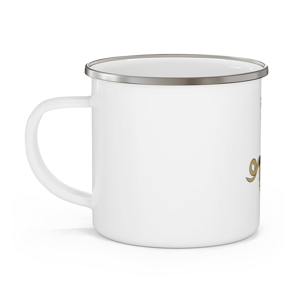 LB Enamel Camping Mug with a C-handle, showcasing a personalized design, perfect for outdoor adventures.