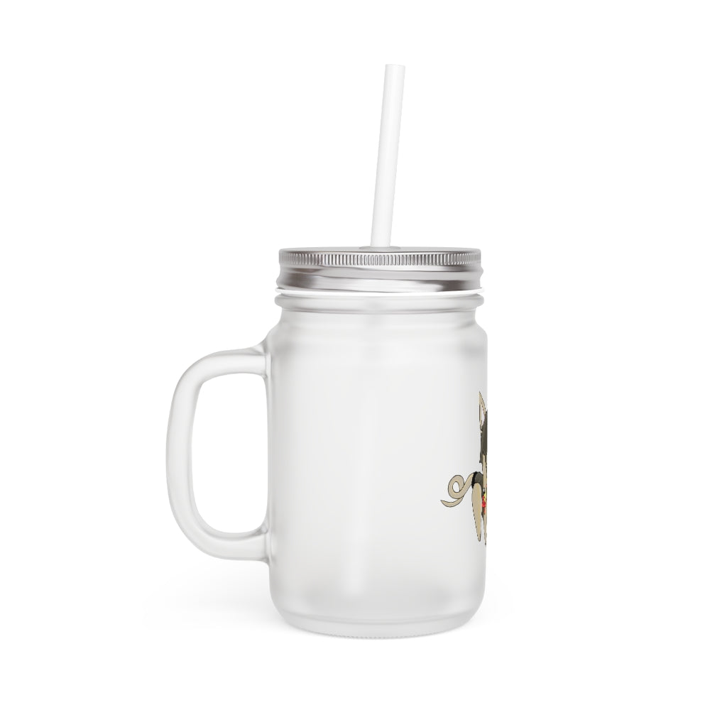 A stylish LB Mason Jar made of frosted glass, featuring a lid and straw, perfect for personalized drinks.