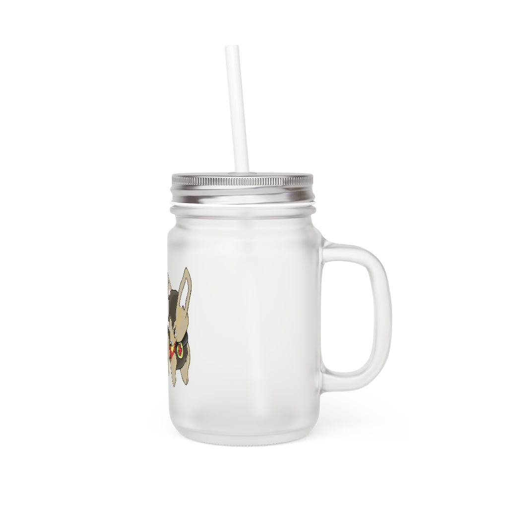 A stylish LB Mason Jar made of frosted glass, featuring a lid and straw, perfect for personalized drinks.