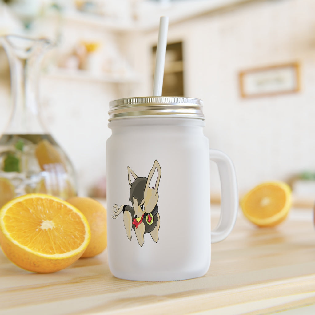 A stylish LB Mason Jar made of frosted glass, featuring a lid and straw, perfect for personalized drinks.