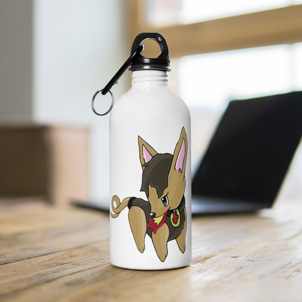 LB Stainless Steel Water Bottle with a plastic screw top and carabiner, showcasing its sleek design and lightweight structure.