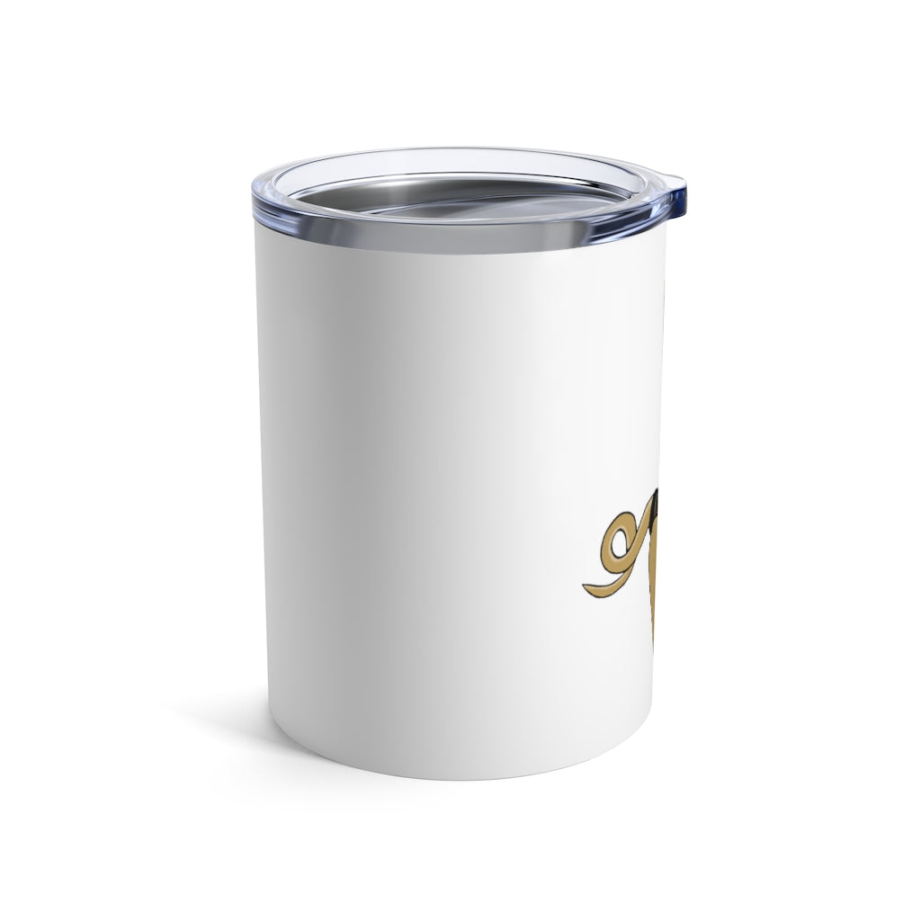 LB Tumbler 10oz in stainless steel with a see-thru plastic lid, showcasing its sleek design and rounded corners.