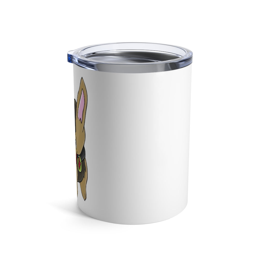 LB Tumbler 10oz in stainless steel with a see-thru plastic lid, showcasing its sleek design and rounded corners.