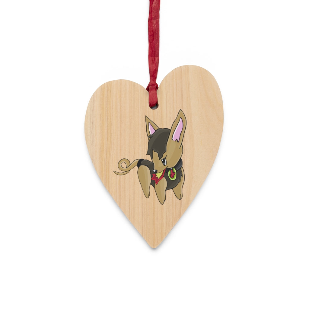 LB Wooden Christmas Ornaments in various whimsical shapes with red ribbons, showcasing a rustic wooden design.