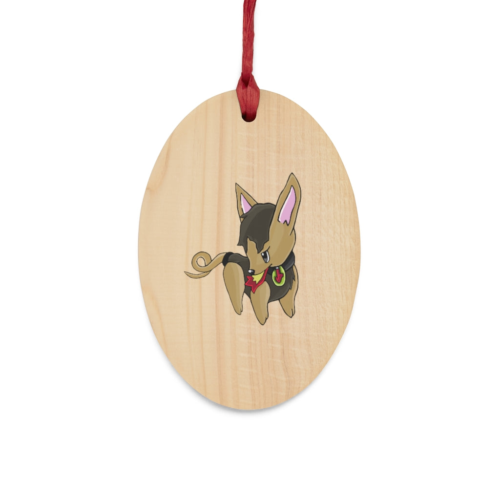 LB Wooden Christmas Ornaments in various whimsical shapes with red ribbons, showcasing a rustic wooden design.