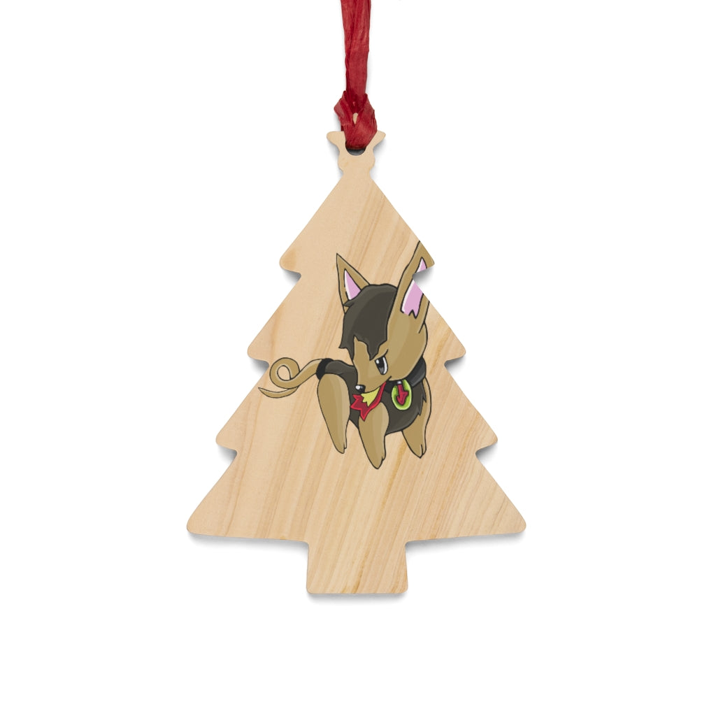 LB Wooden Christmas Ornaments in various whimsical shapes with red ribbons, showcasing a rustic wooden design.