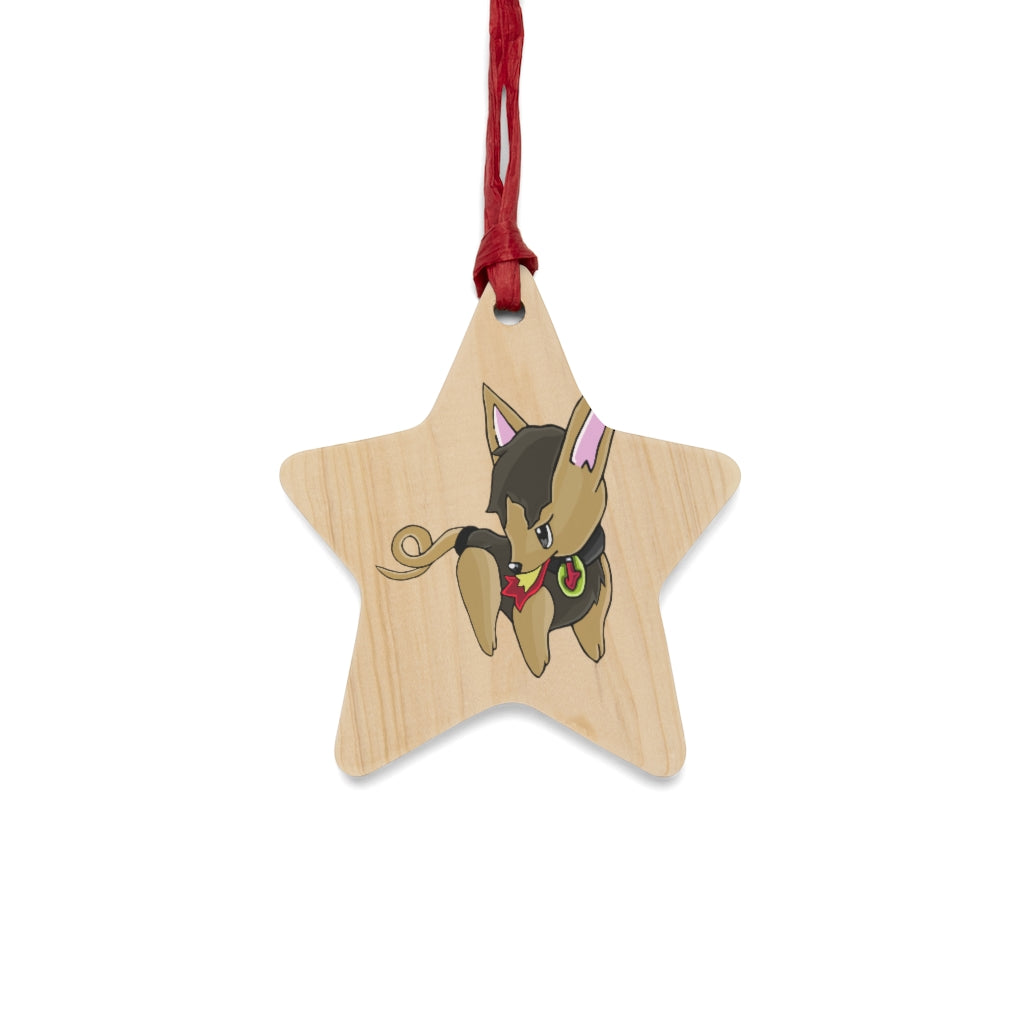 LB Wooden Christmas Ornaments in various whimsical shapes with red ribbons, showcasing a rustic wooden design.