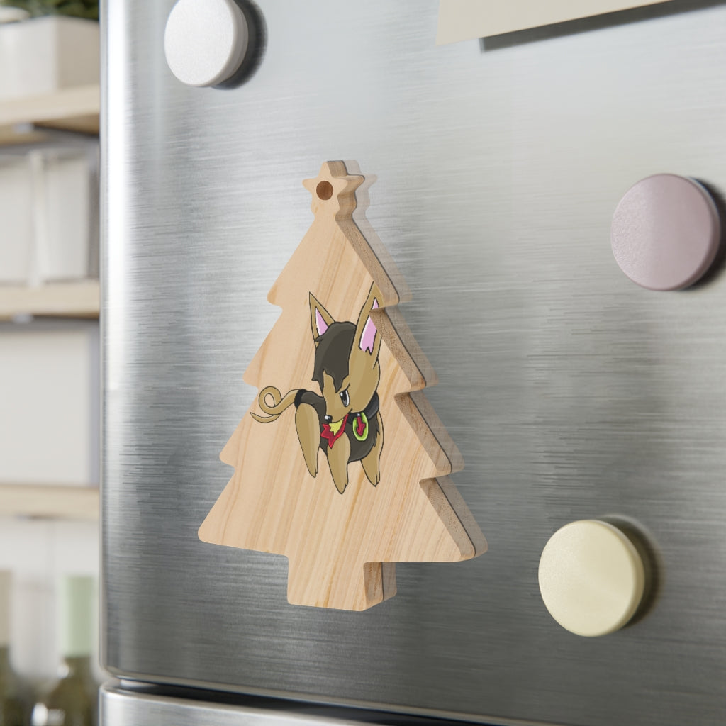 LB Wooden Christmas Ornaments in various whimsical shapes with red ribbons, showcasing a rustic wooden design.