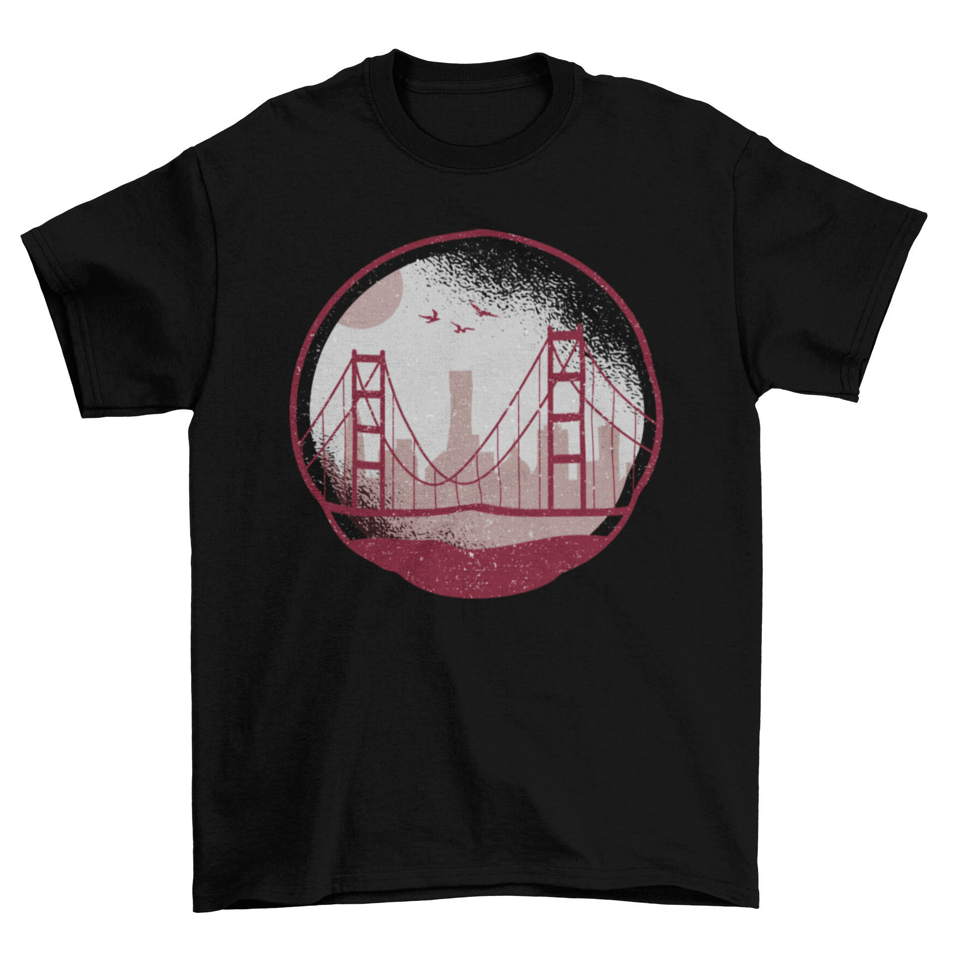 Golden Gate t-shirt featuring a circular design of the Golden Gate Bridge over San Francisco skyline silhouette.