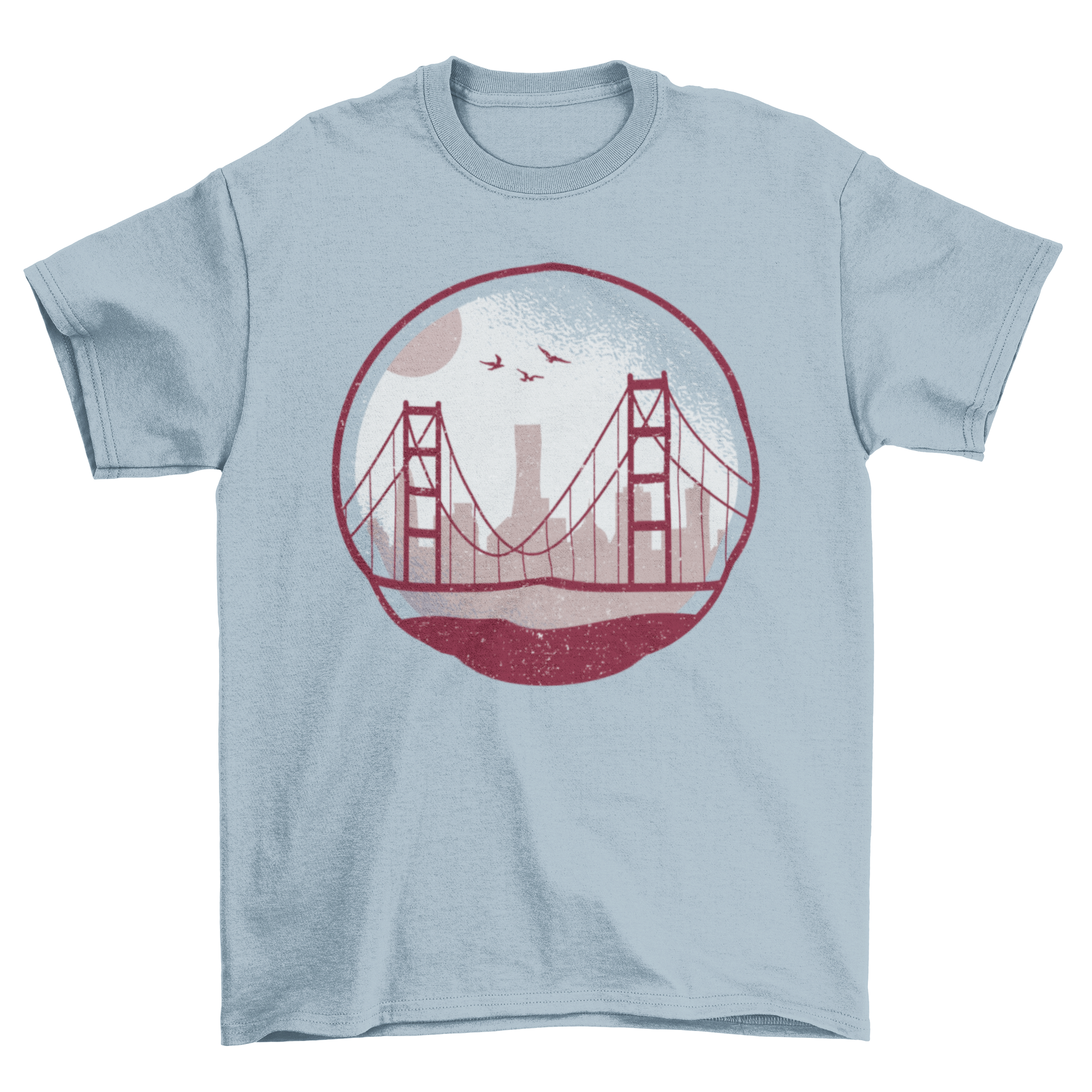 Golden Gate t-shirt featuring a circular design of the Golden Gate Bridge over San Francisco skyline silhouette.