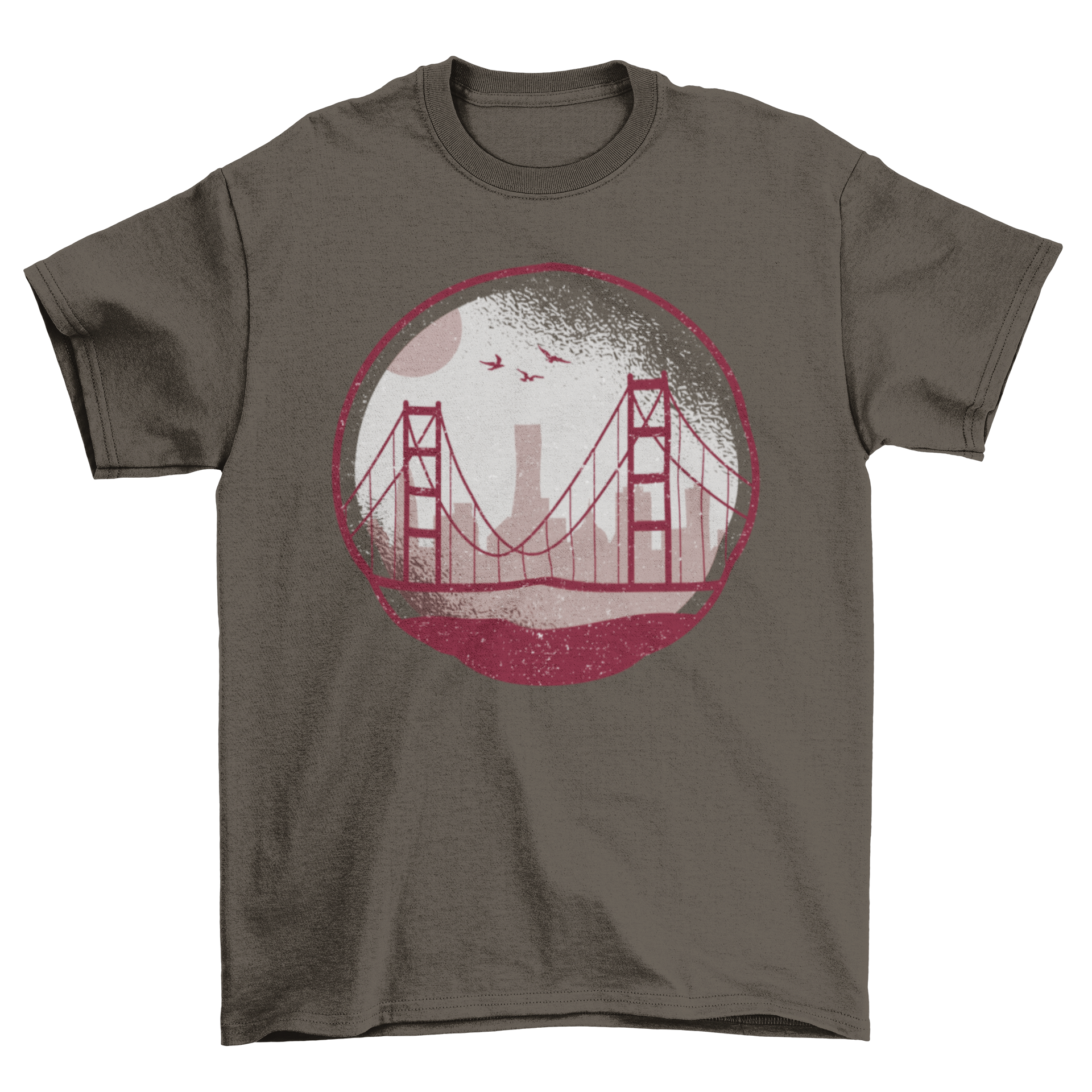 Golden Gate t-shirt featuring a circular design of the Golden Gate Bridge over San Francisco skyline silhouette.