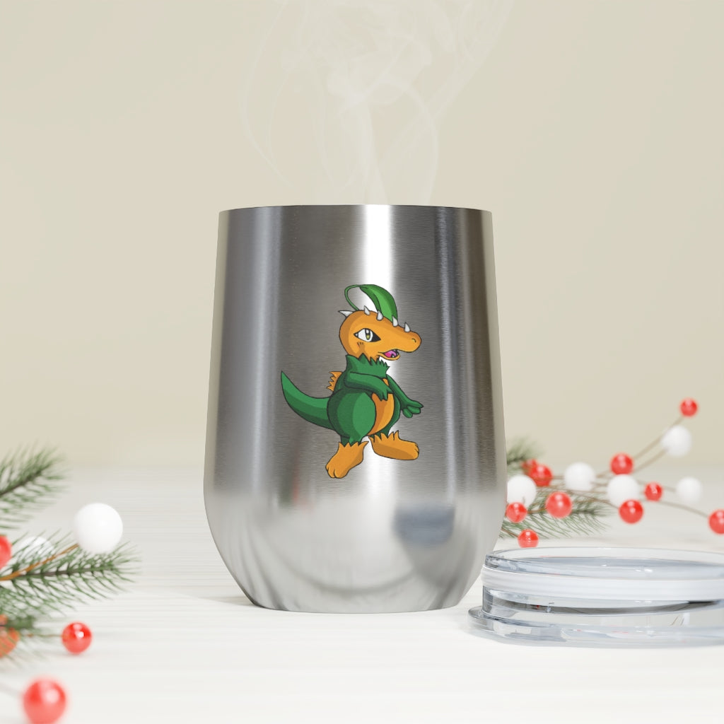 Leafasaur 12oz Insulated Wine Tumbler with clear lid, showcasing a sleek stainless steel design.