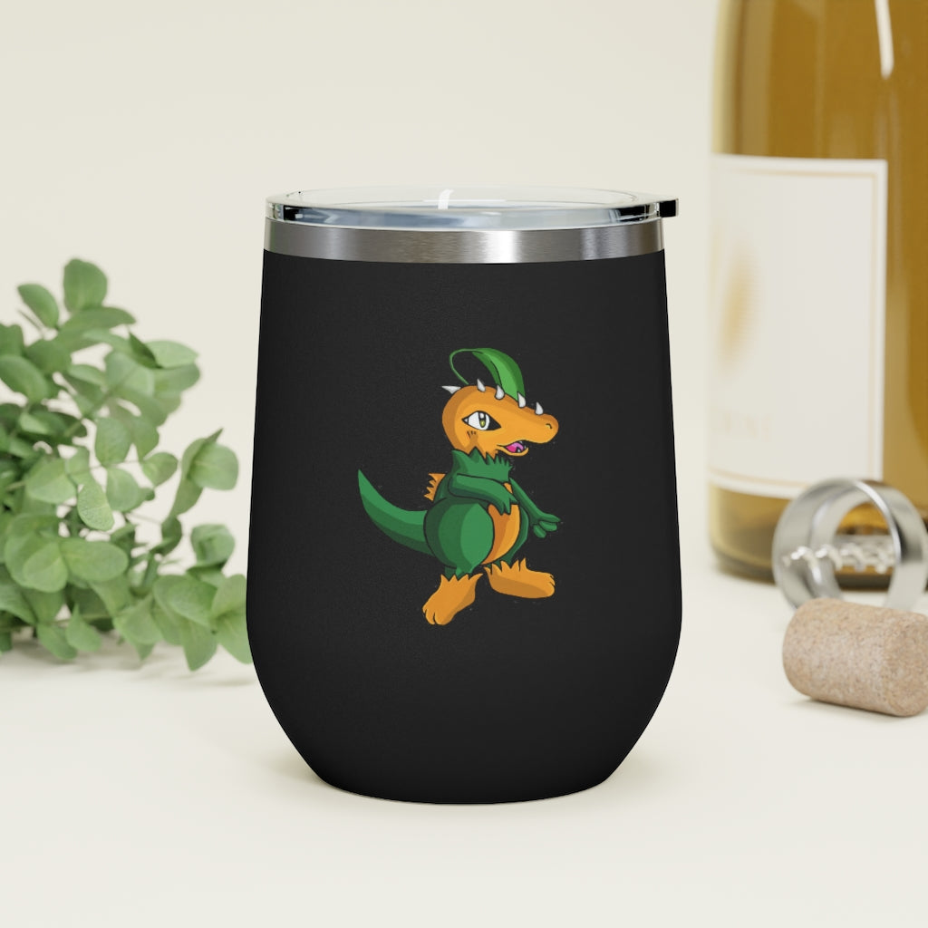 Leafasaur 12oz Insulated Wine Tumbler with clear lid, showcasing a sleek stainless steel design.