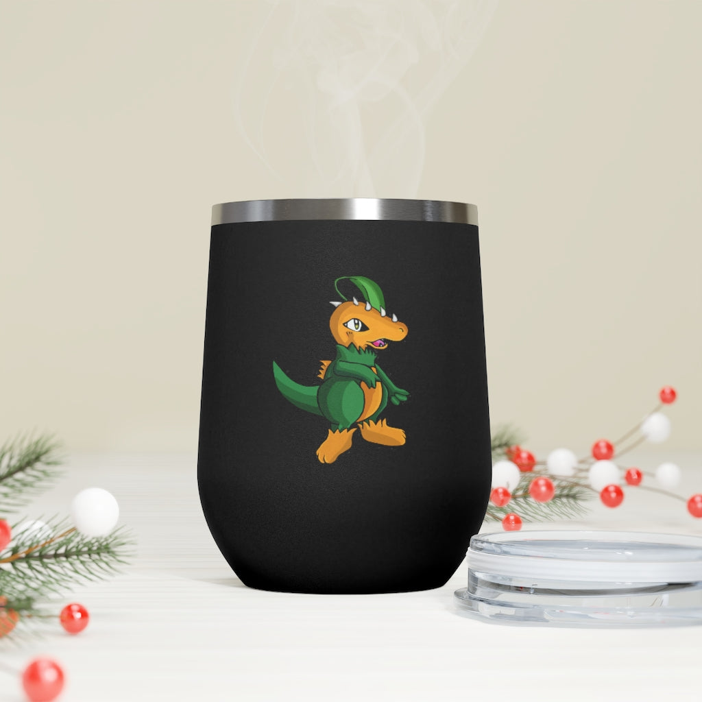 Leafasaur 12oz Insulated Wine Tumbler with clear lid, showcasing a sleek stainless steel design.