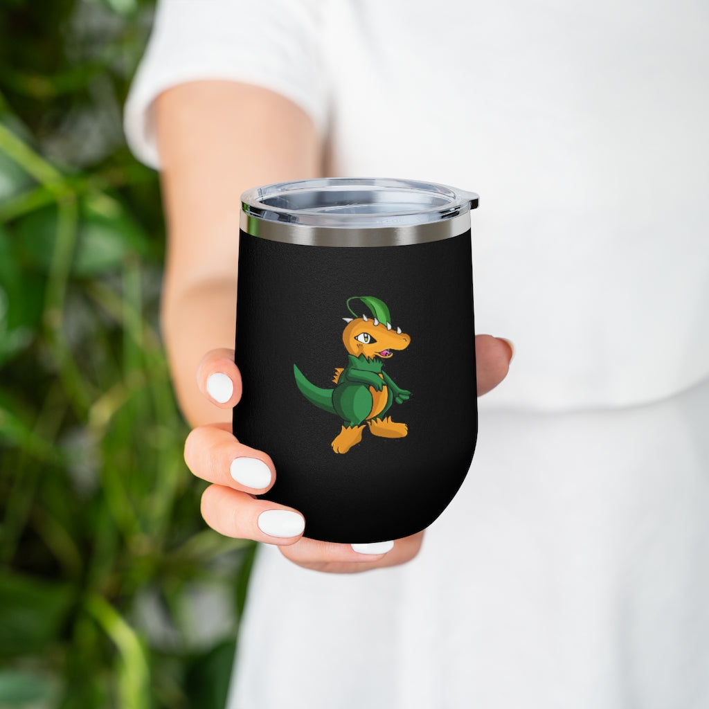 Leafasaur 12oz Insulated Wine Tumbler with clear lid, showcasing a sleek stainless steel design.