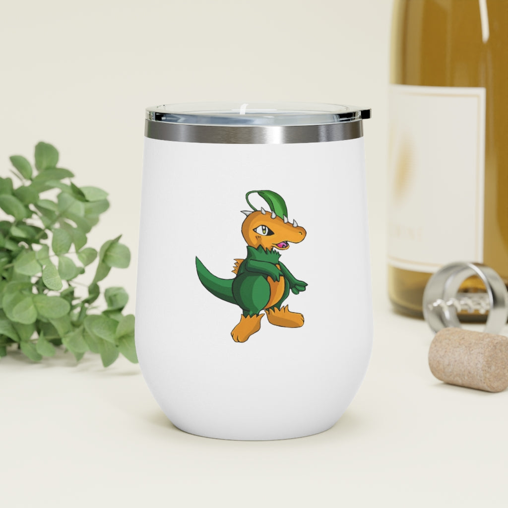 Leafasaur 12oz Insulated Wine Tumbler with clear lid, showcasing a sleek stainless steel design.