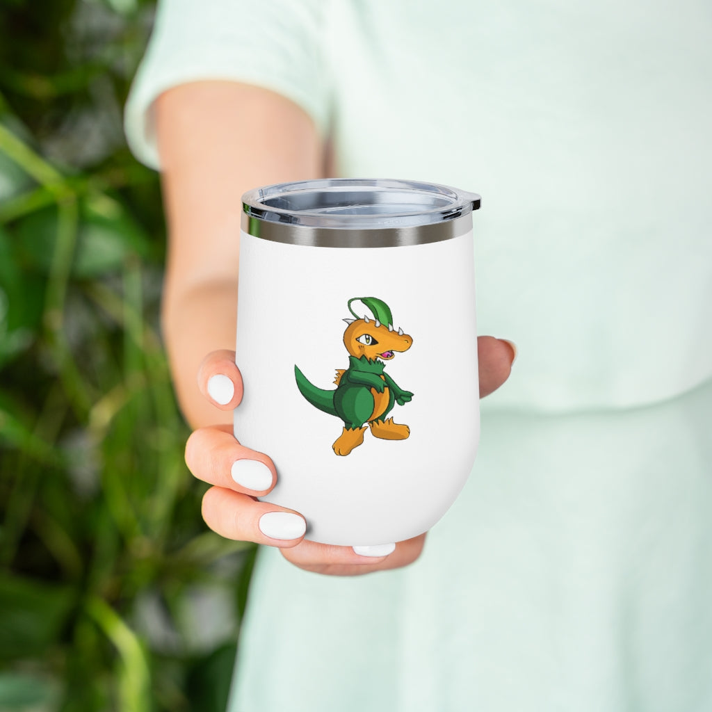 Leafasaur 12oz Insulated Wine Tumbler with clear lid, showcasing a sleek stainless steel design.