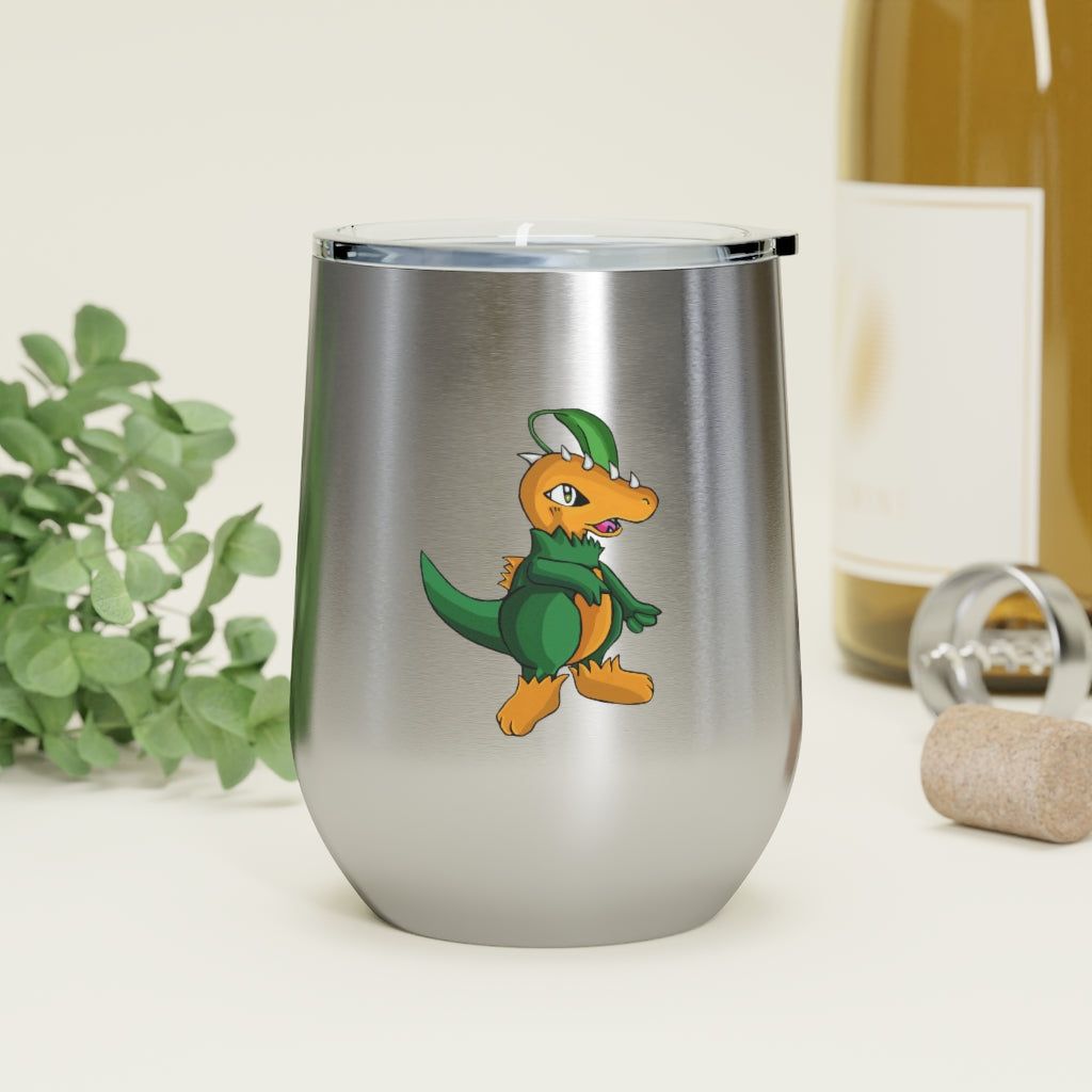 Leafasaur 12oz Insulated Wine Tumbler with clear lid, showcasing a sleek stainless steel design.