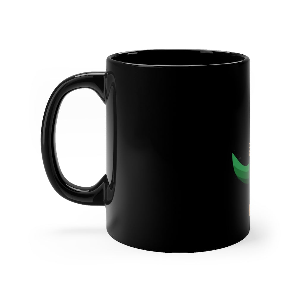 Leafasaur Black mug 11oz, featuring a sleek black ceramic design with rounded corners and a comfortable C-handle.