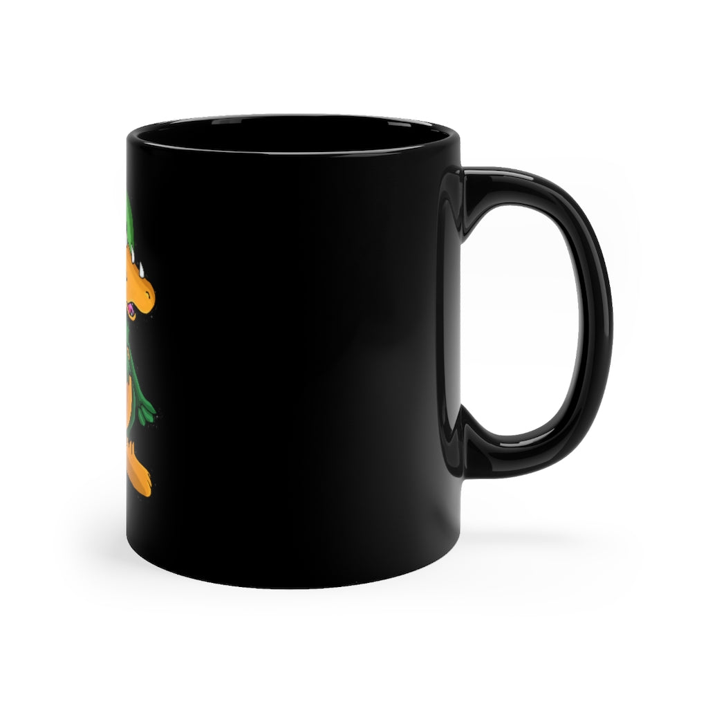 Leafasaur Black mug 11oz, featuring a sleek black ceramic design with rounded corners and a comfortable C-handle.