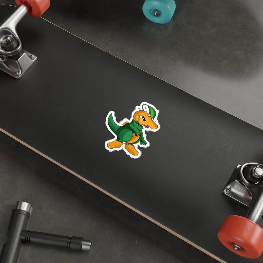 Leafasaur Die-Cut Stickers showcasing various custom shapes and designs on a smooth surface.