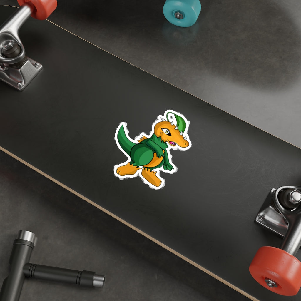 Leafasaur Die-Cut Stickers showcasing various custom shapes and designs on a smooth surface.